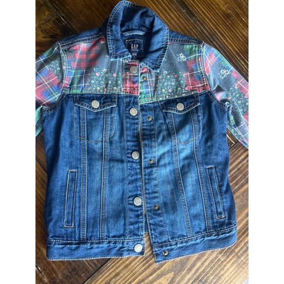 GAP Girls Patchwork Denim Jacket Size Medium Floral Plaid Button Up Jean Coat - Picture 4 of 9
